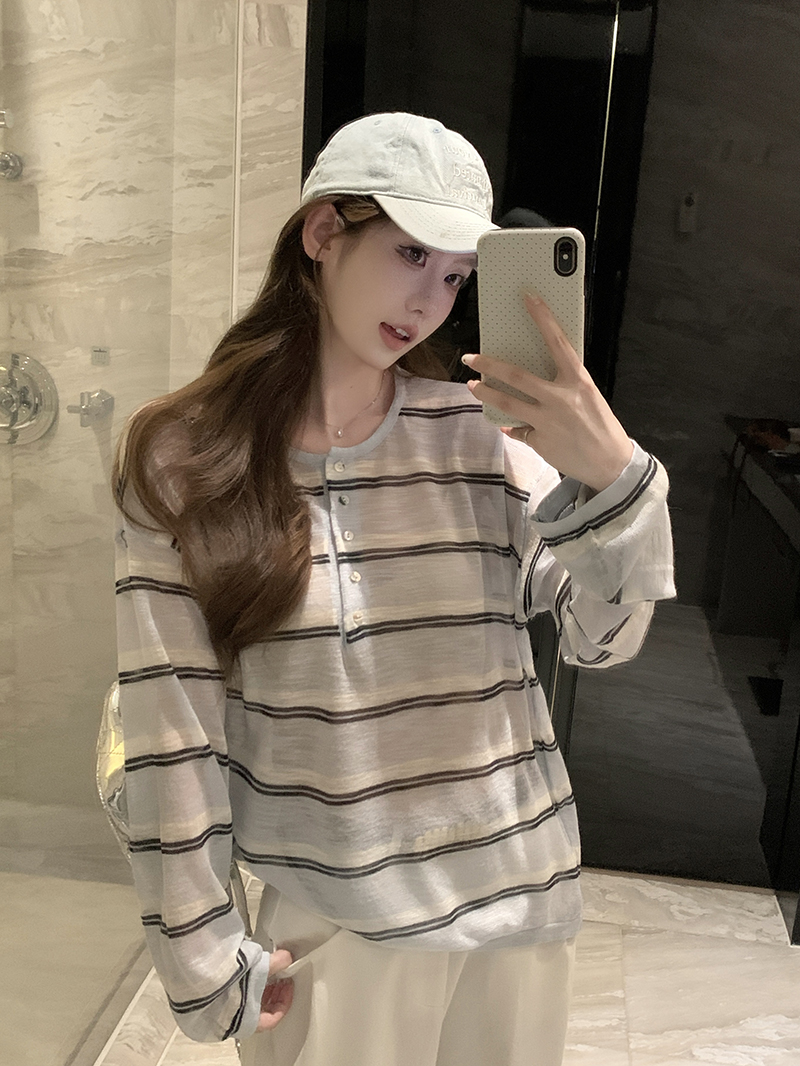 實拍~針織圓領條紋半開扣短袖T恤女2026夏季新款寬松顯瘦薄款上衣