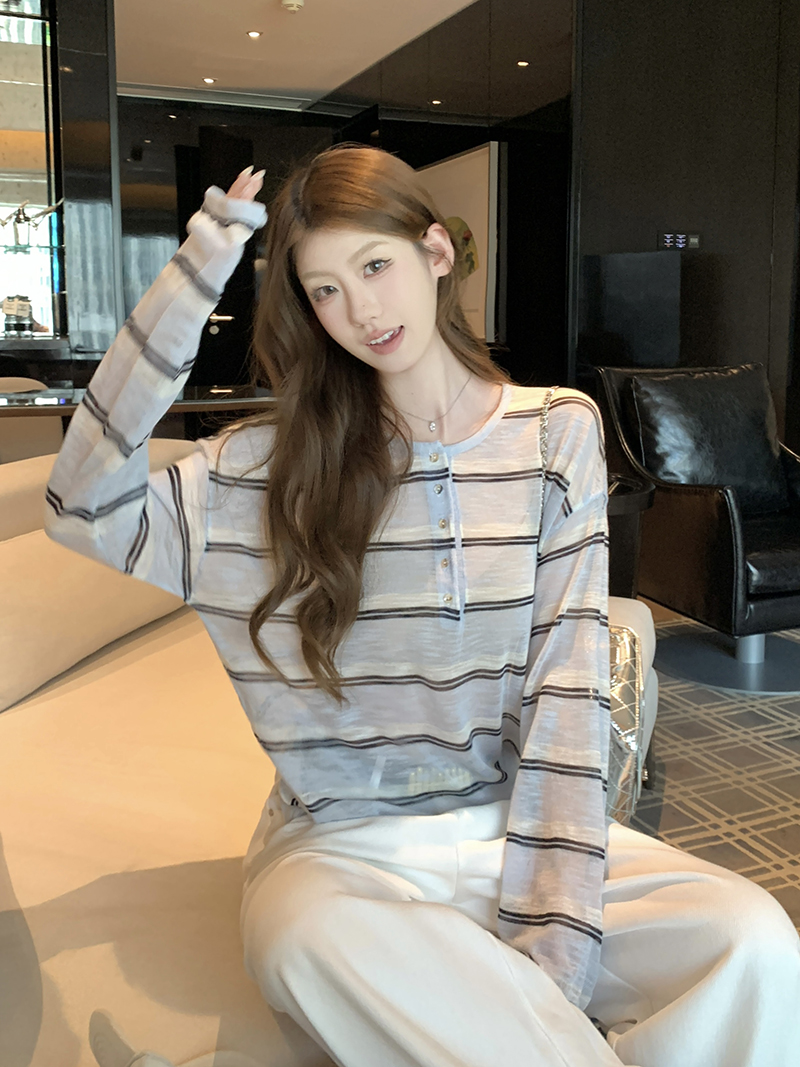 實拍~針織圓領條紋半開扣短袖T恤女2026夏季新款寬松顯瘦薄款上衣