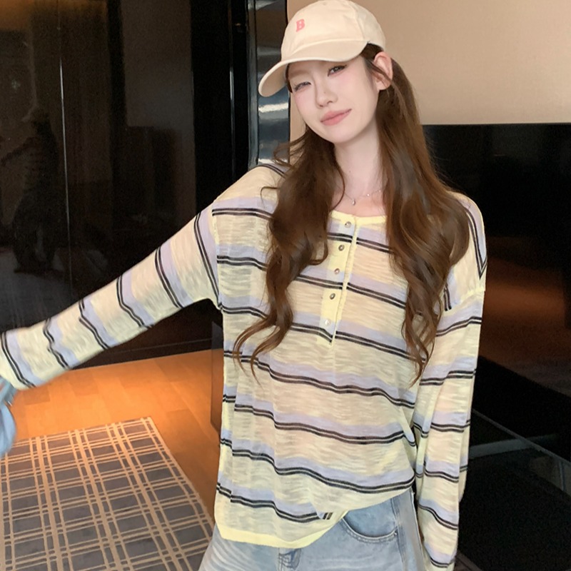 實拍~針織圓領條紋半開扣短袖T恤女2026夏季新款寬松顯瘦薄款上衣