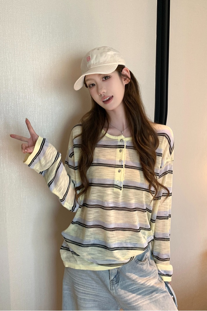 實拍~針織圓領條紋半開扣短袖T恤女2026夏季新款寬松顯瘦薄款上衣