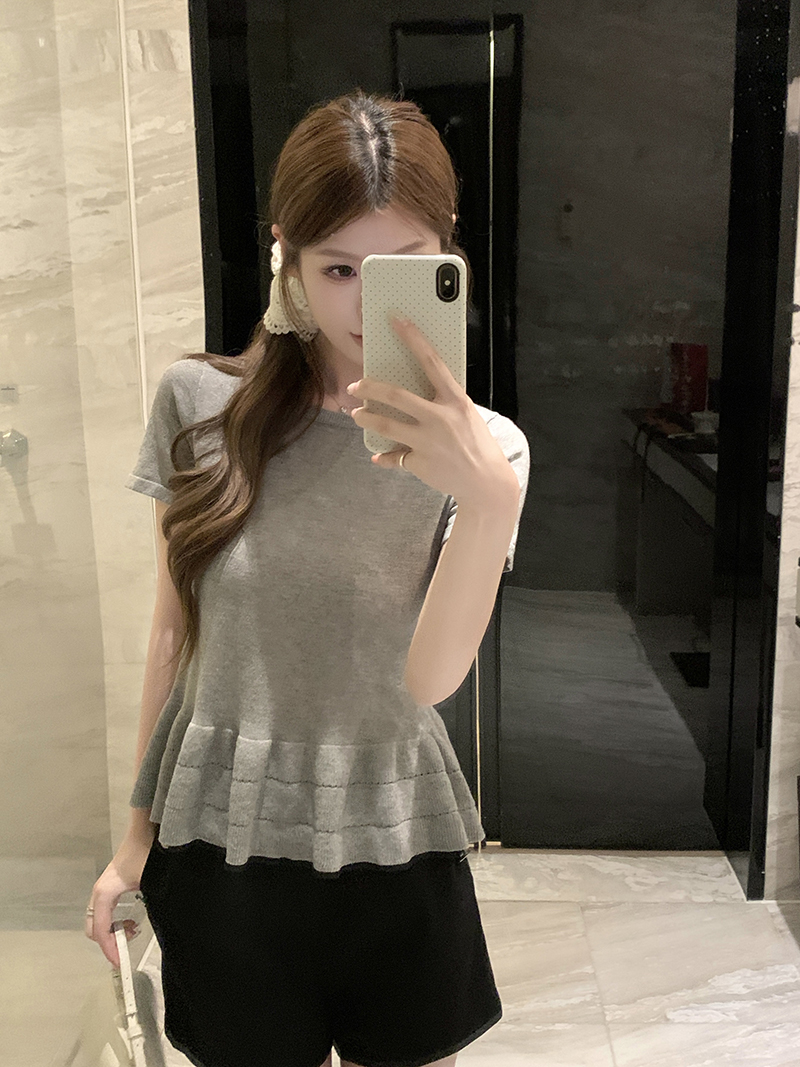 實拍~韓版百搭褶皺花邊收腰短袖針織衫女夏季上衣潮