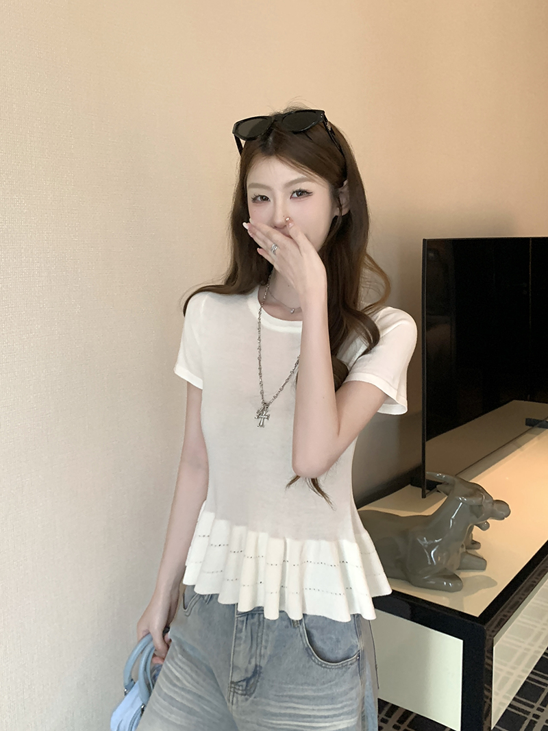 實拍~韓版百搭褶皺花邊收腰短袖針織衫女夏季上衣潮