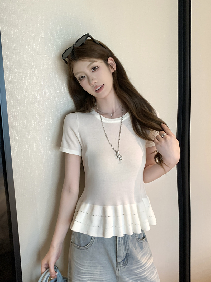 實拍~韓版百搭褶皺花邊收腰短袖針織衫女夏季上衣
