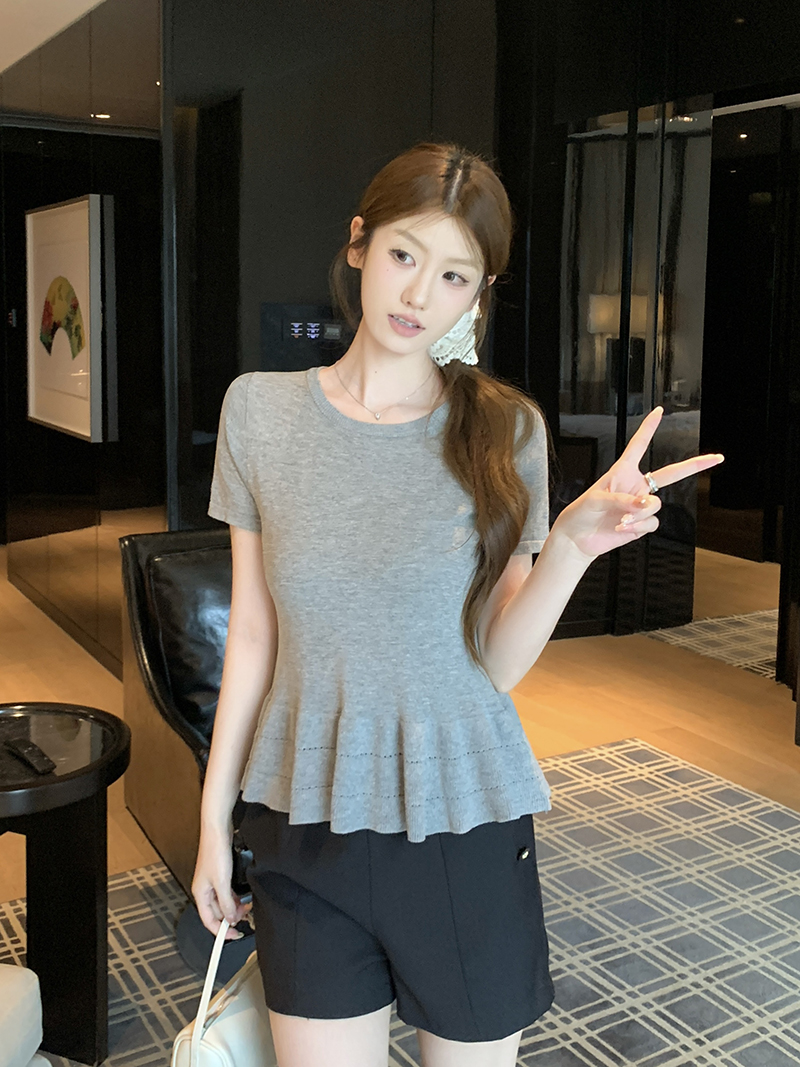 實拍~韓版百搭褶皺花邊收腰短袖針織衫女夏季上衣