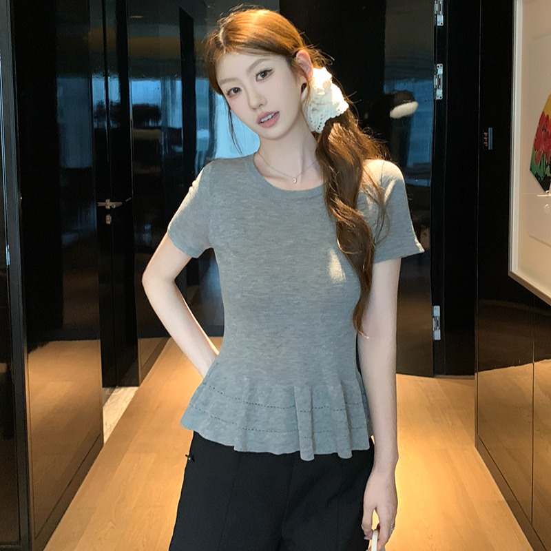實拍~韓版百搭褶皺花邊收腰短袖針織衫女夏季上衣