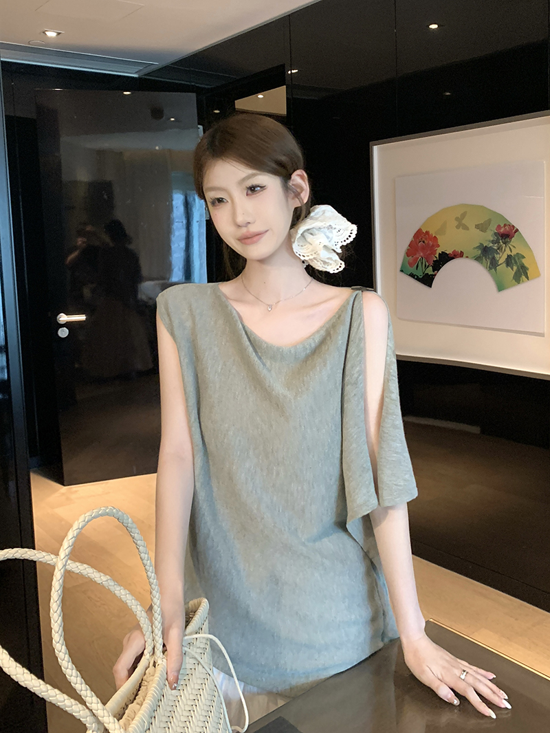 實拍~針織蕩領不對稱無袖T恤女2026夏季新款收腰系帶寬松顯瘦上衣