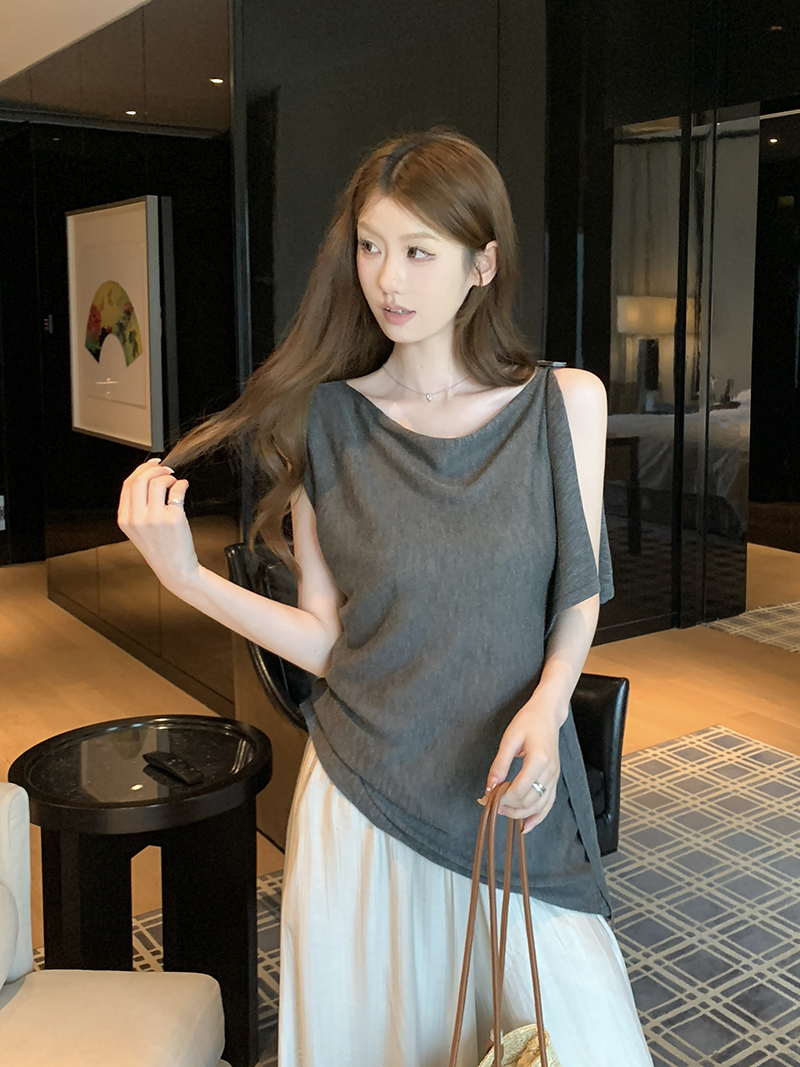 實拍~針織蕩領不對稱無袖T恤女2026夏季新款收腰系帶寬松顯瘦上衣