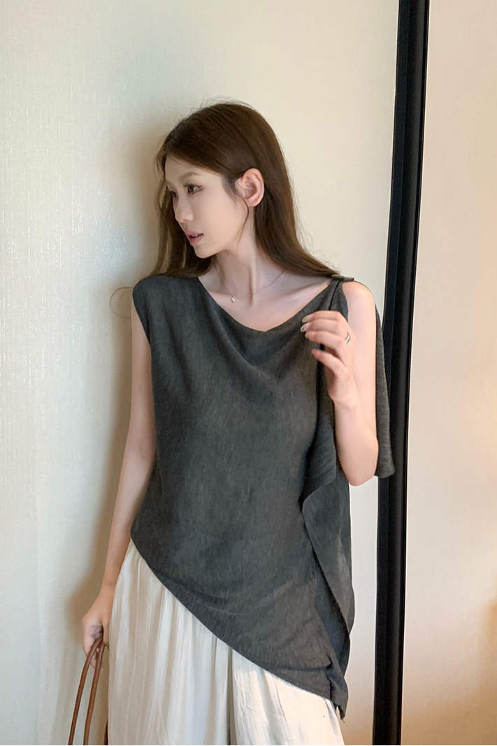 實拍~針織蕩領不對稱無袖T恤女2026夏季新款收腰系帶寬松顯瘦上衣