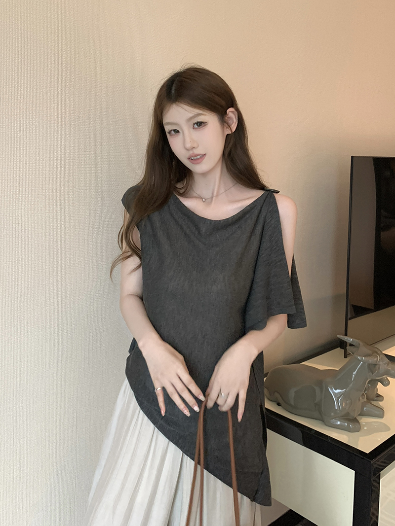 實拍~針織蕩領不對稱無袖T恤女2026夏季新款收腰系帶寬松顯瘦上衣