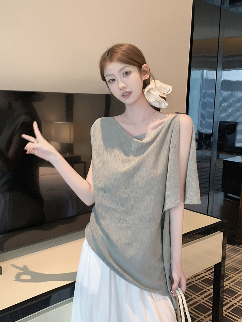 實拍~針織蕩領不對稱無袖T恤女2026夏季新款收腰系帶寬松顯瘦上衣