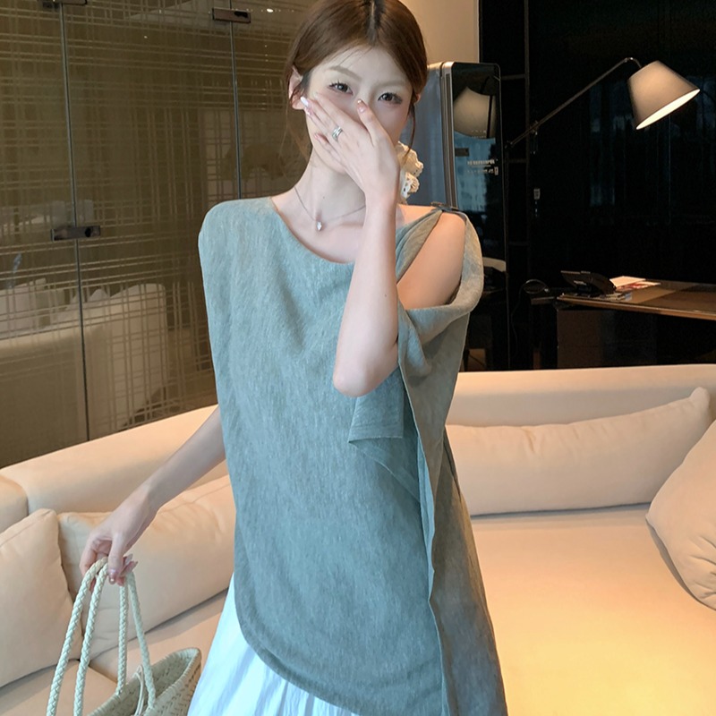 實拍~針織蕩領不對稱無袖T恤女2026夏季新款收腰系帶寬松顯瘦上衣