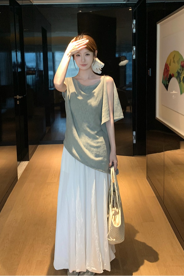 實拍~針織蕩領不對稱無袖T恤女2026夏季新款收腰系帶寬松顯瘦上衣