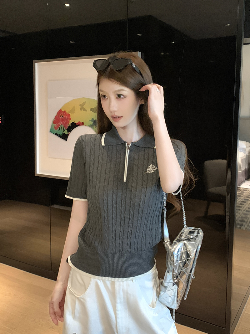 實拍~夏季法式學院風撞色邊半拉鏈短袖針織衫女polo衫