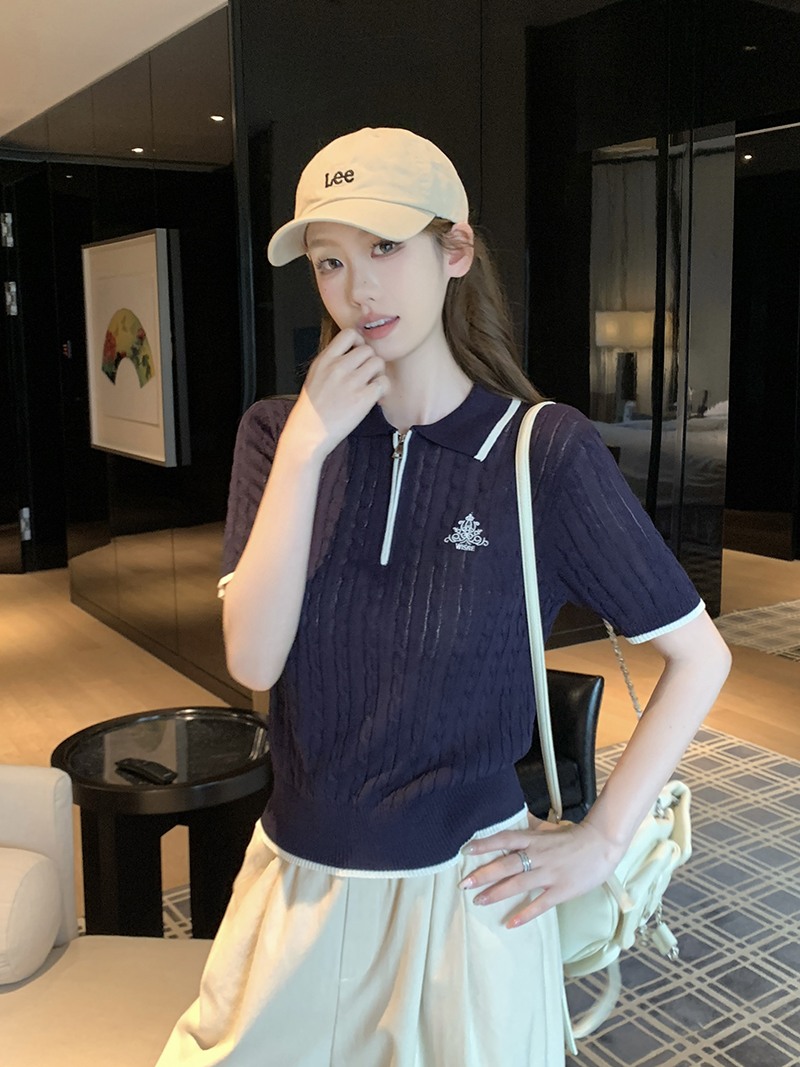 實拍~夏季法式學院風撞色邊半拉鏈短袖針織衫女polo衫