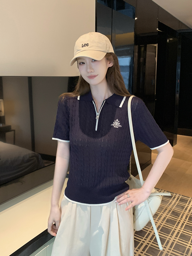 實拍~夏季法式學院風撞色邊半拉鏈短袖針織衫女polo衫