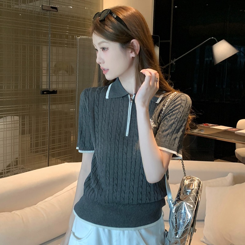 實拍~夏季法式學院風撞色邊半拉鏈短袖針織衫女polo衫