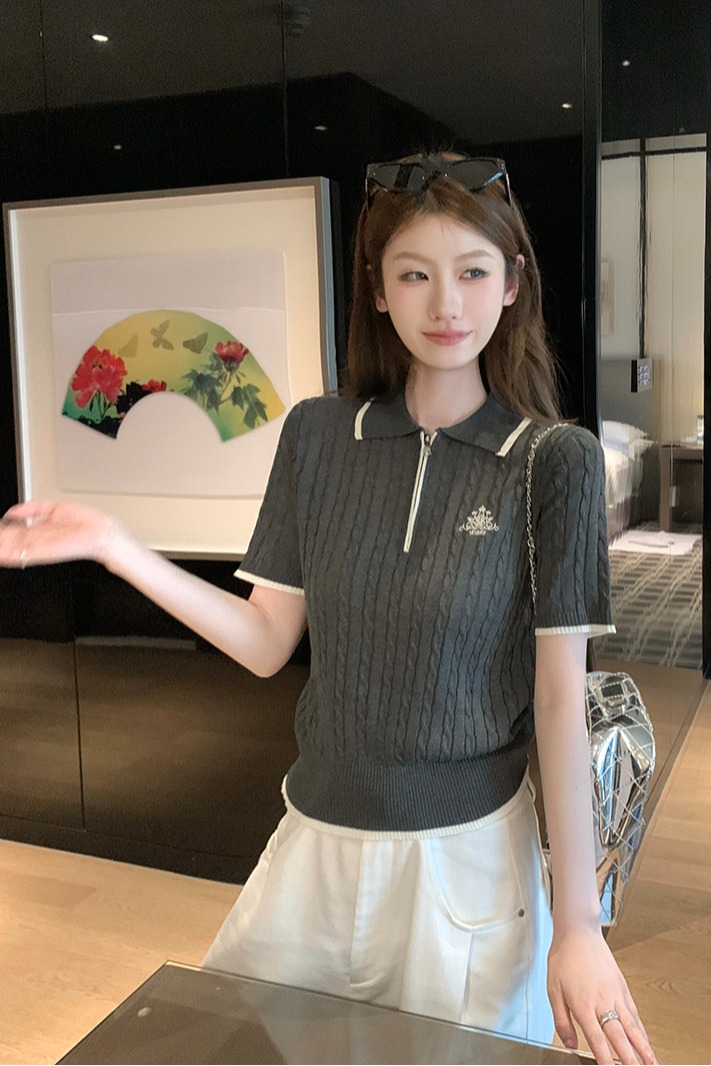 實拍~夏季法式學院風撞色邊半拉鏈短袖針織衫女polo衫