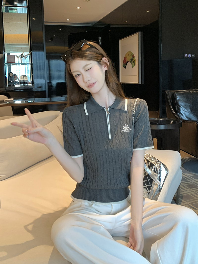 實拍~夏季法式學院風撞色邊半拉鏈短袖針織衫女polo衫