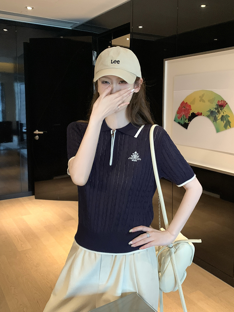 實拍~夏季法式學院風撞色邊半拉鏈短袖針織衫女polo衫