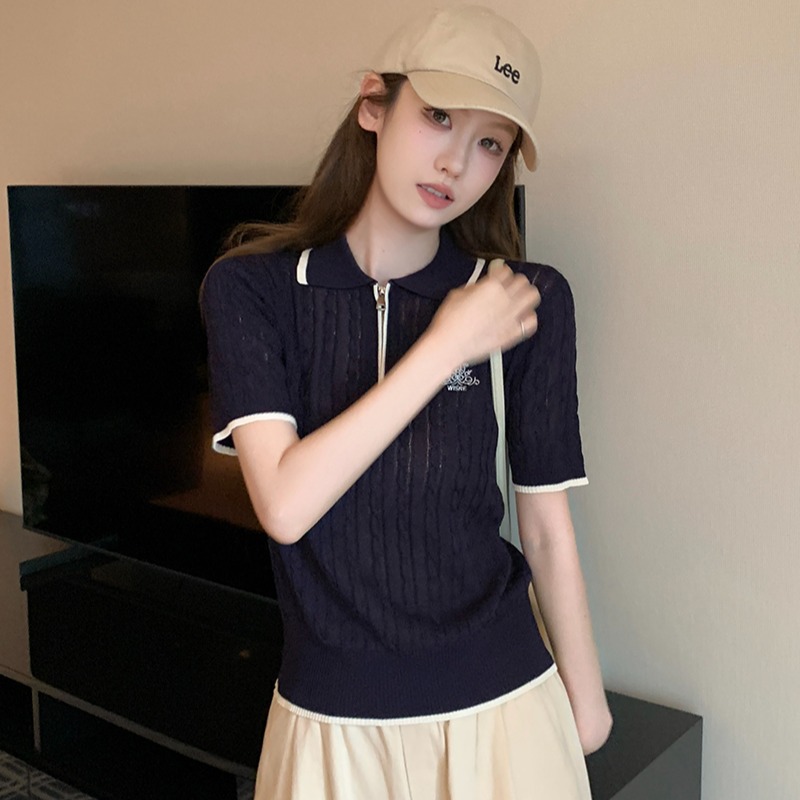 實拍~夏季法式學院風撞色邊半拉鏈短袖針織衫女polo衫