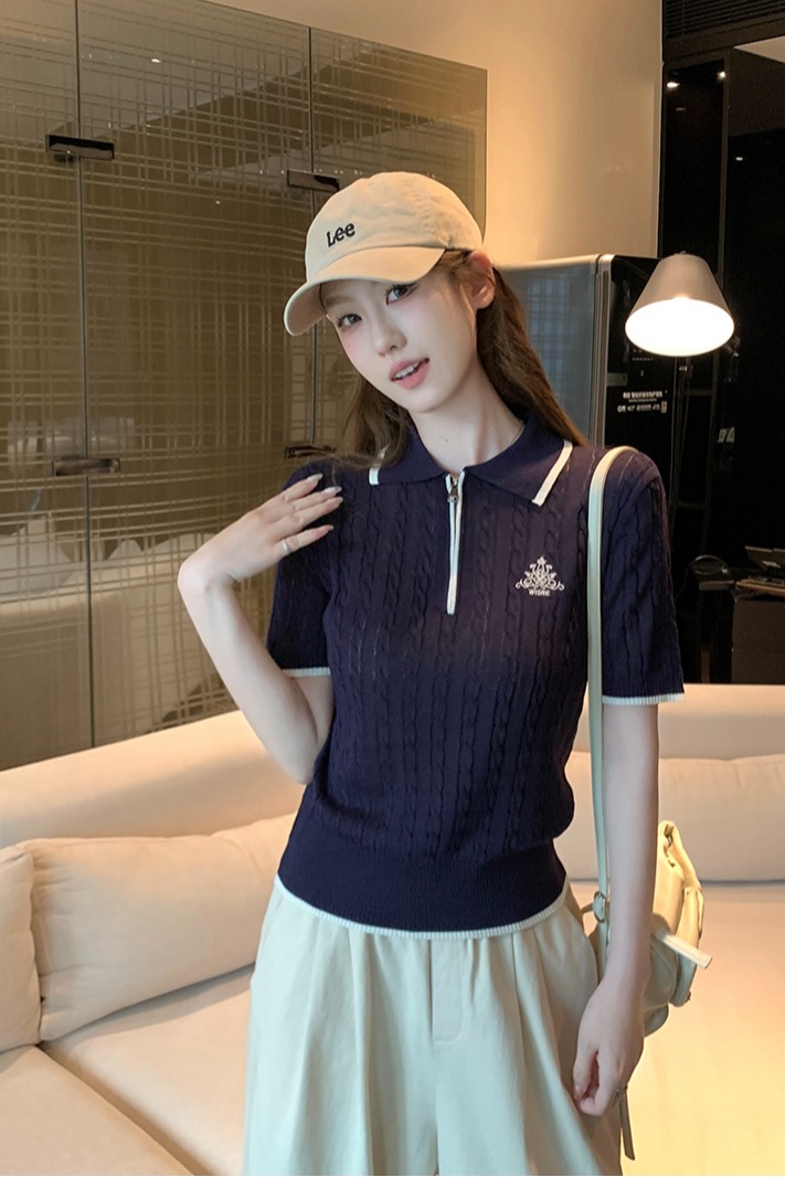 實拍~夏季法式學院風撞色邊半拉鏈短袖針織衫女polo衫