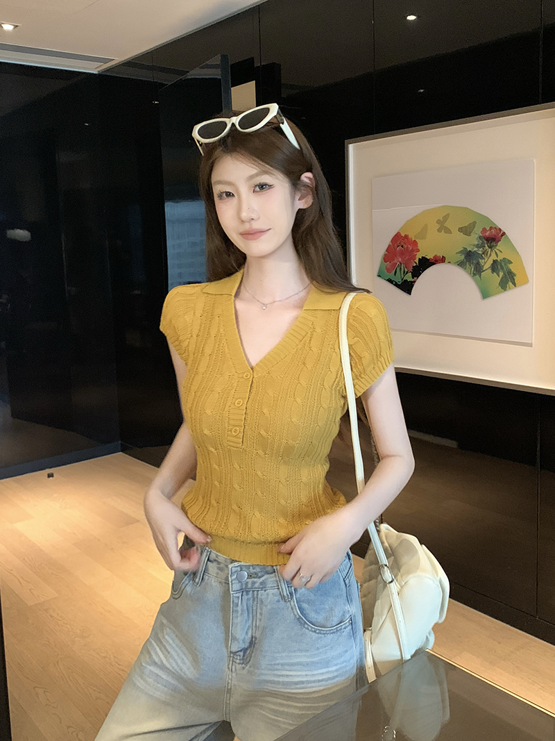 實拍~韓系溫柔風翻領針織衫女2026新款短袖半開扣修身上衣