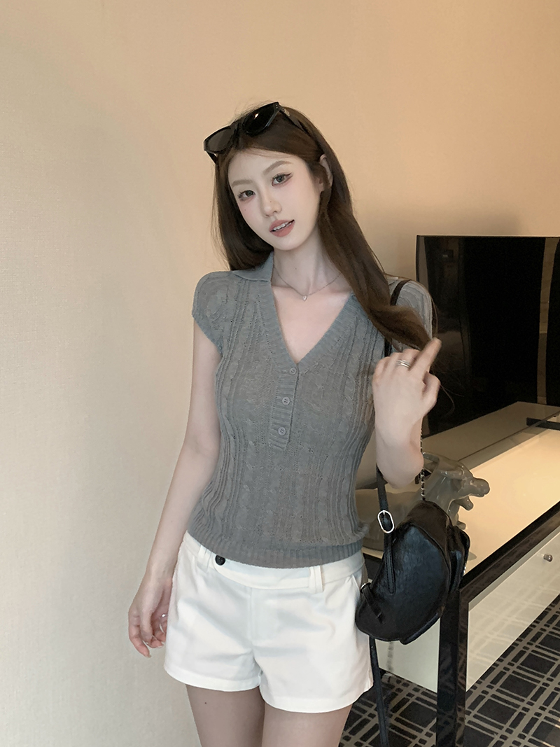 實拍~韓系溫柔風翻領針織衫女2026新款短袖半開扣修身上衣