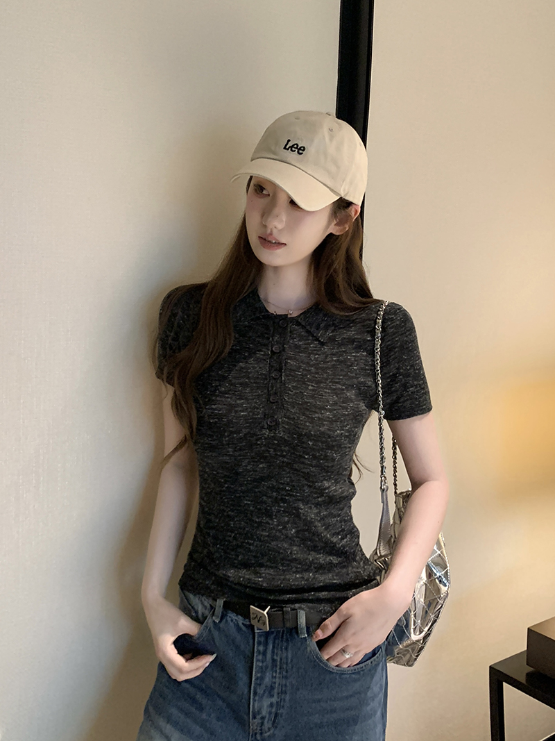 實拍~針織Polo領正肩短袖T恤女夏季新款花紗修身顯瘦薄款上衣