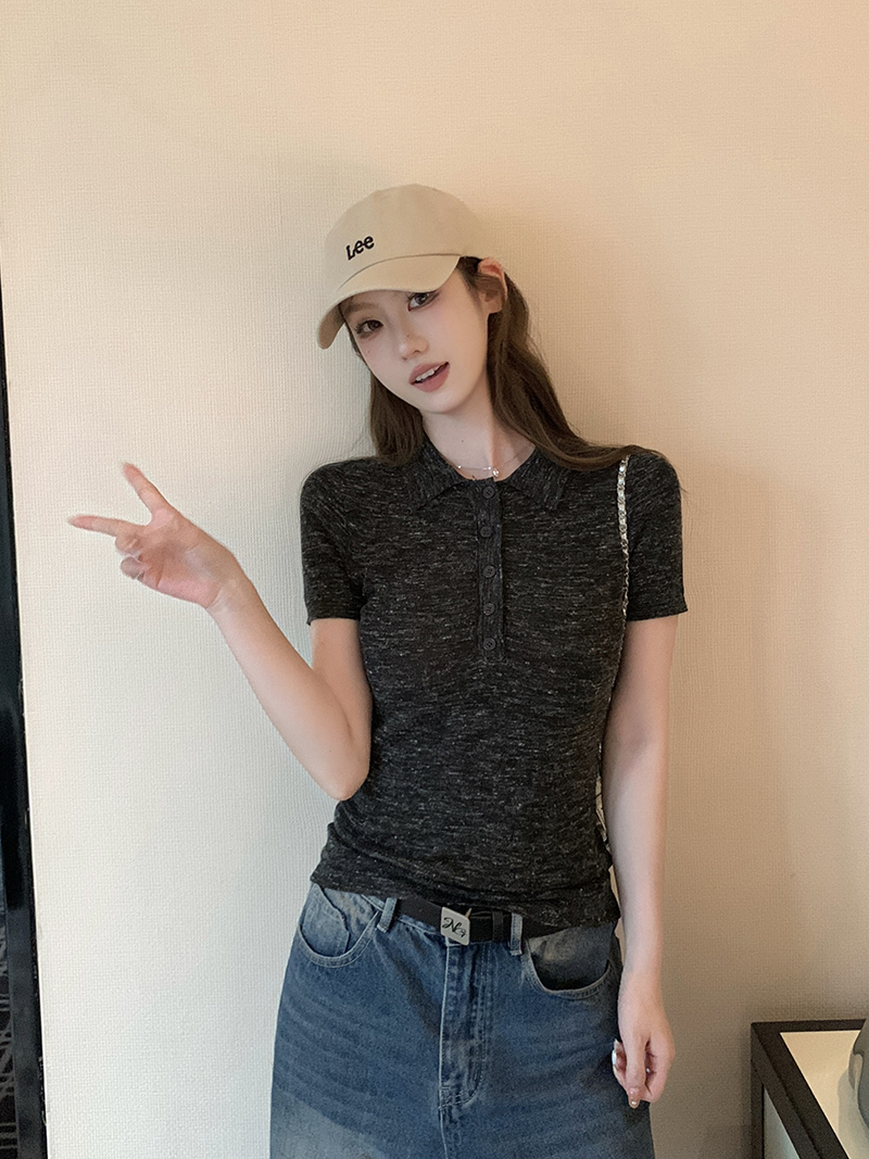 實拍~針織Polo領正肩短袖T恤女夏季新款花紗修身顯瘦薄款上衣
