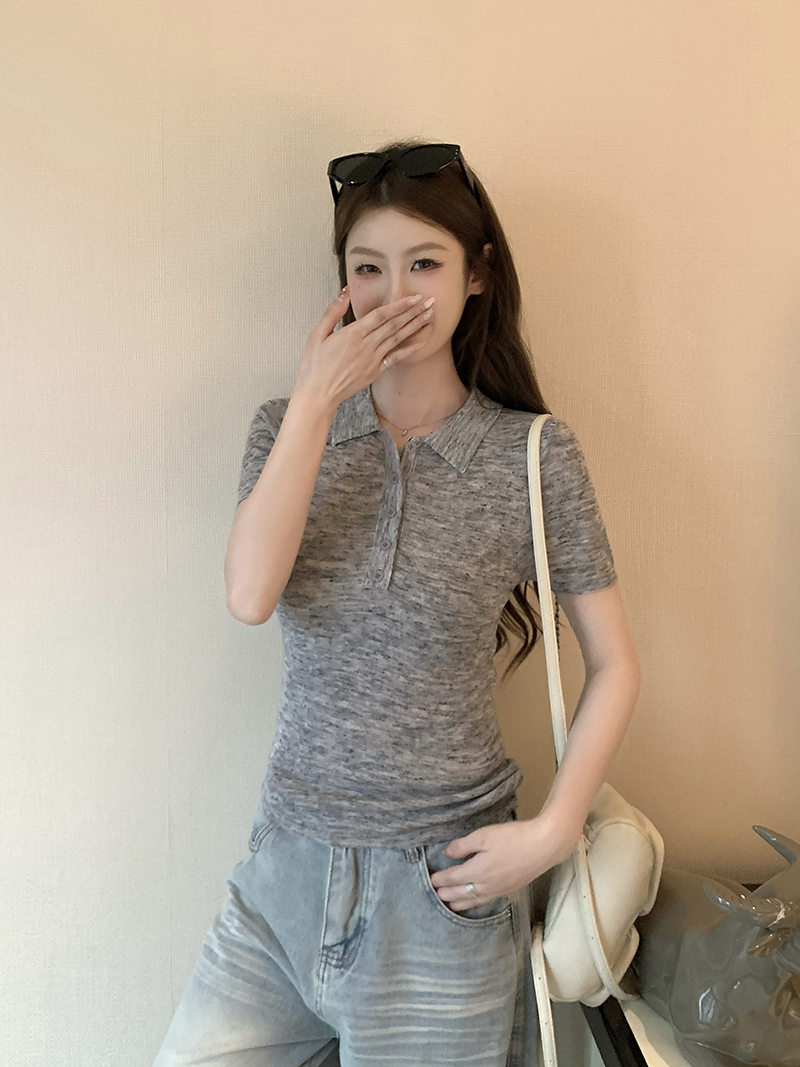 實拍~針織Polo領正肩短袖T恤女夏季新款花紗修身顯瘦薄款上衣