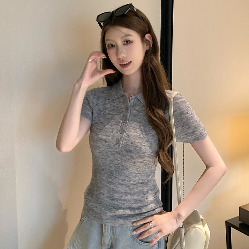 實拍~針織Polo領正肩短袖T恤女夏季新款花紗修身顯瘦薄款上衣