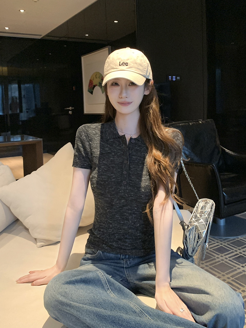實拍~針織Polo領正肩短袖T恤女夏季新款花紗修身顯瘦薄款上衣