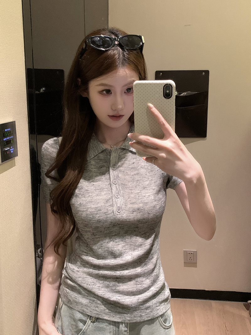 實拍~針織Polo領正肩短袖T恤女夏季新款花紗修身顯瘦薄款上衣