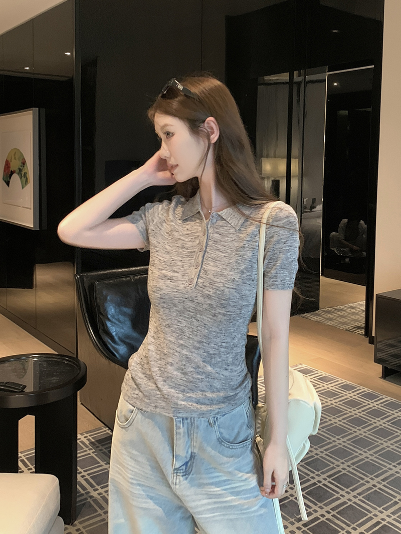 實拍~針織Polo領正肩短袖T恤女夏季新款花紗修身顯瘦薄款上衣