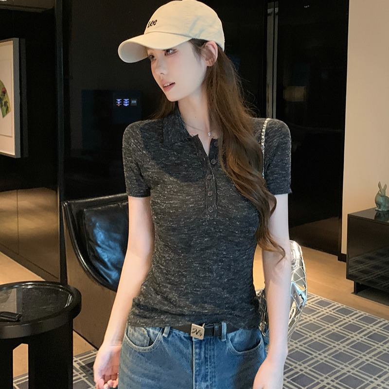 實拍~針織Polo領正肩短袖T恤女夏季新款花紗修身顯瘦薄款上衣