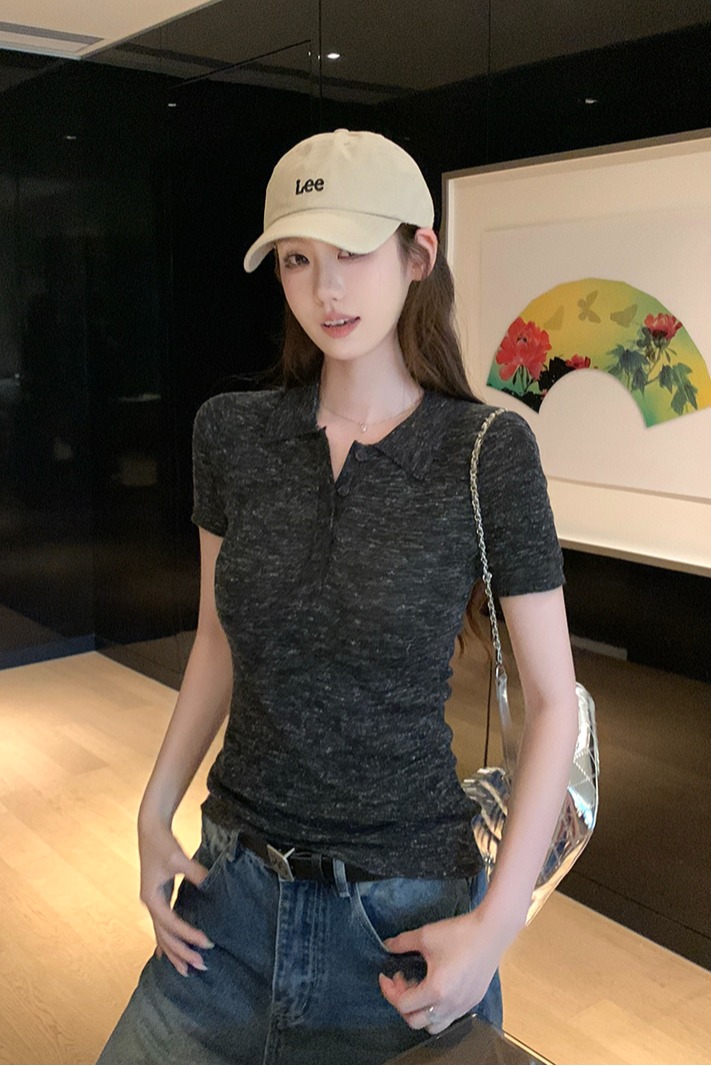 實拍~針織Polo領正肩短袖T恤女夏季新款花紗修身顯瘦薄款上衣