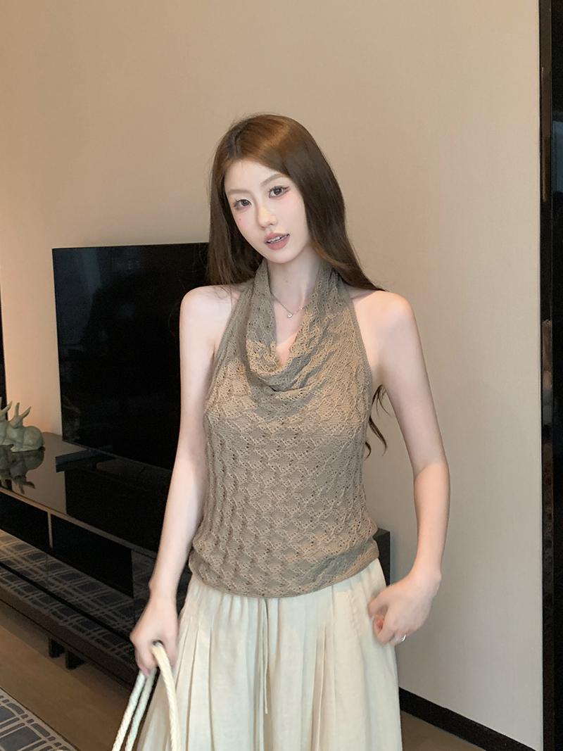 實拍~蕩領鏤空掛脖針織背心女2026春夏新款修身顯瘦氣質上衣
