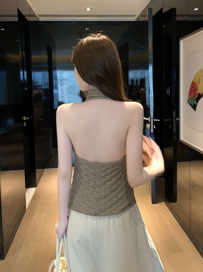 實拍~蕩領鏤空掛脖針織背心女2026春夏新款修身顯瘦氣質上衣