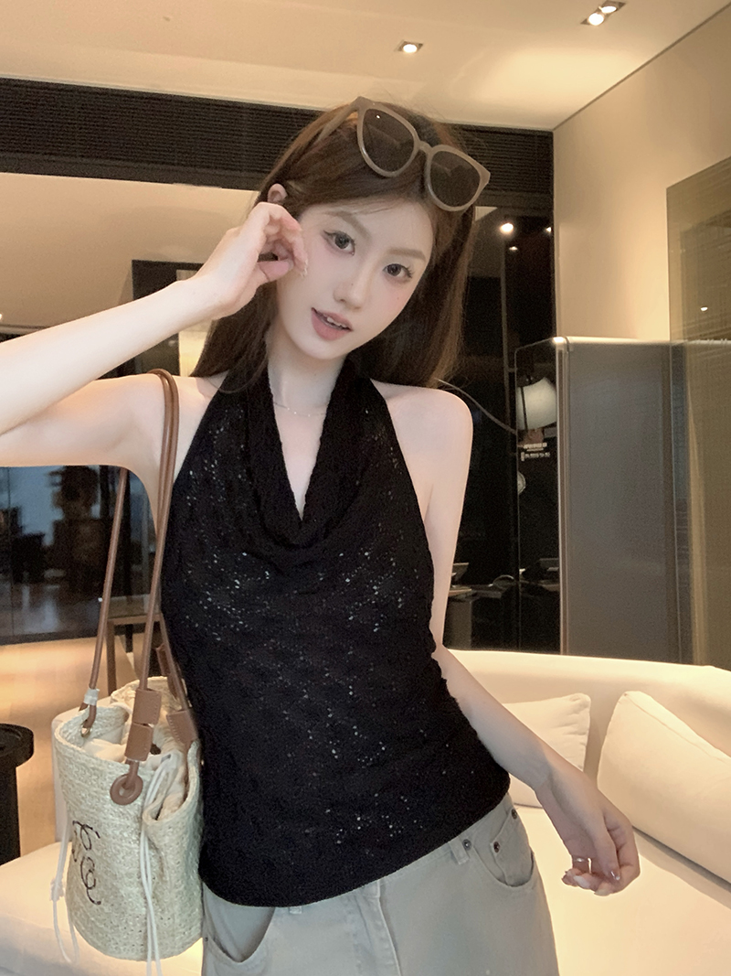 實拍~蕩領鏤空掛脖針織背心女2026春夏新款修身顯瘦氣質上衣
