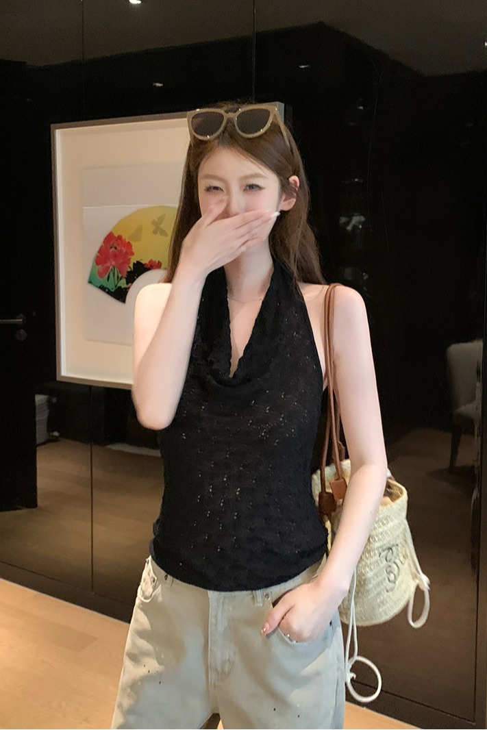 實拍~蕩領鏤空掛脖針織背心女2026春夏新款修身顯瘦氣質上衣