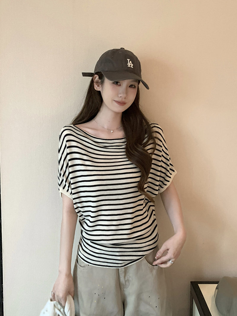 實拍~韓系簡約風蕩領針織衫女2026新款蝙蝠袖坑條寬松上衣