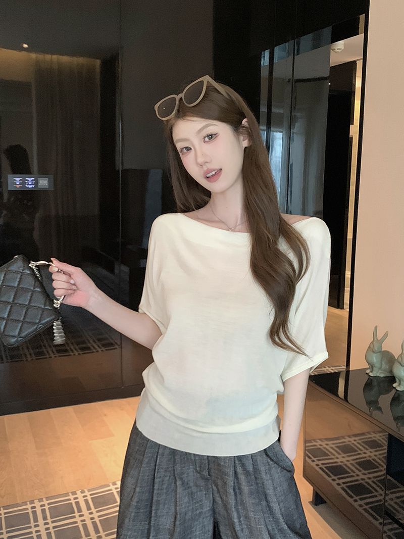 實拍~韓系簡約風蕩領針織衫女2026新款蝙蝠袖坑條寬松上衣