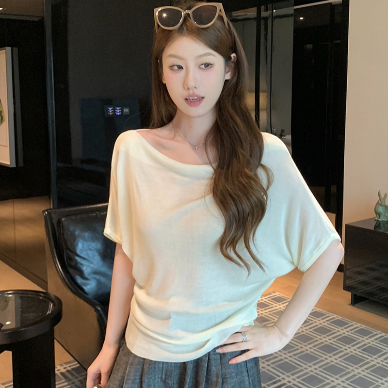 實拍~韓系簡約風蕩領針織衫女2026新款蝙蝠袖坑條寬松上衣
