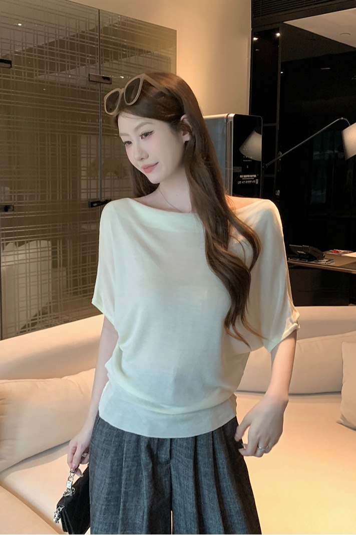 實拍~韓系簡約風蕩領針織衫女2026新款蝙蝠袖坑條寬松上衣