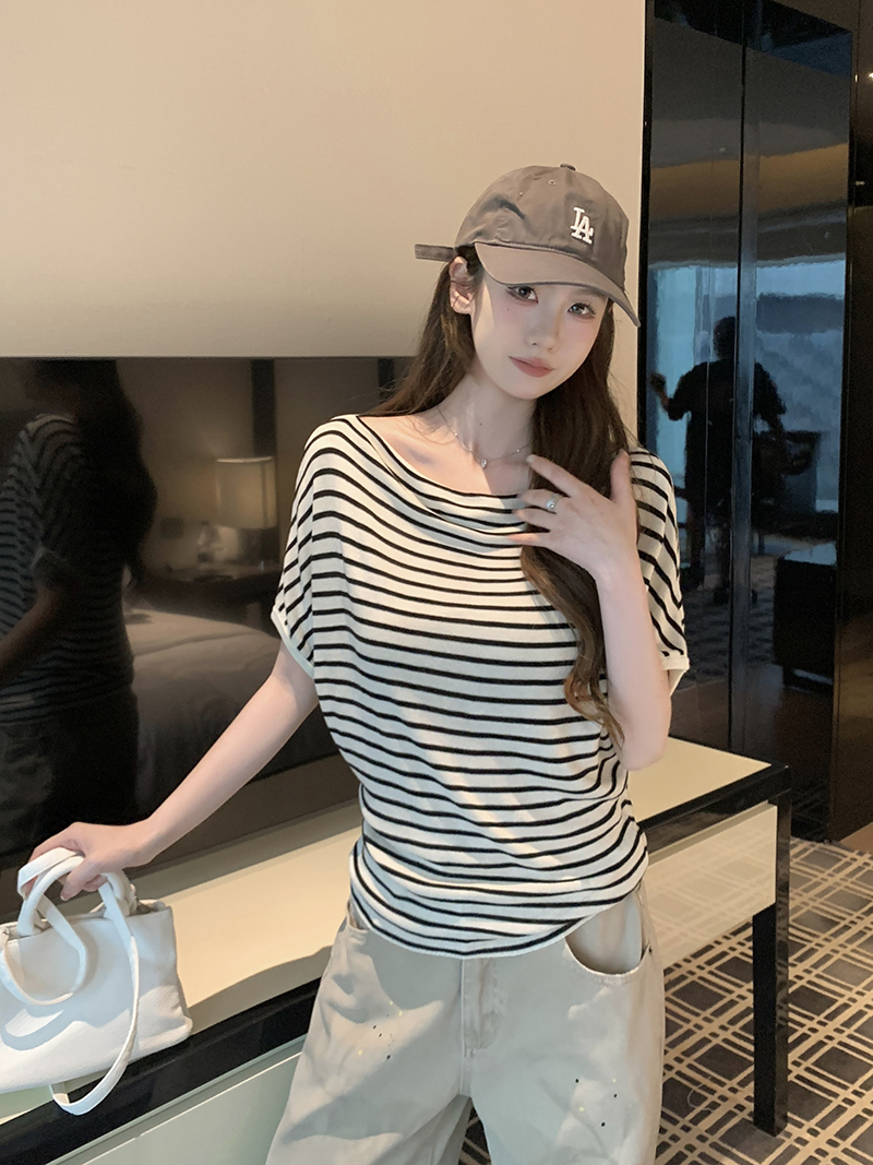實拍~韓系簡約風蕩領針織衫女2026新款蝙蝠袖坑條寬松上衣
