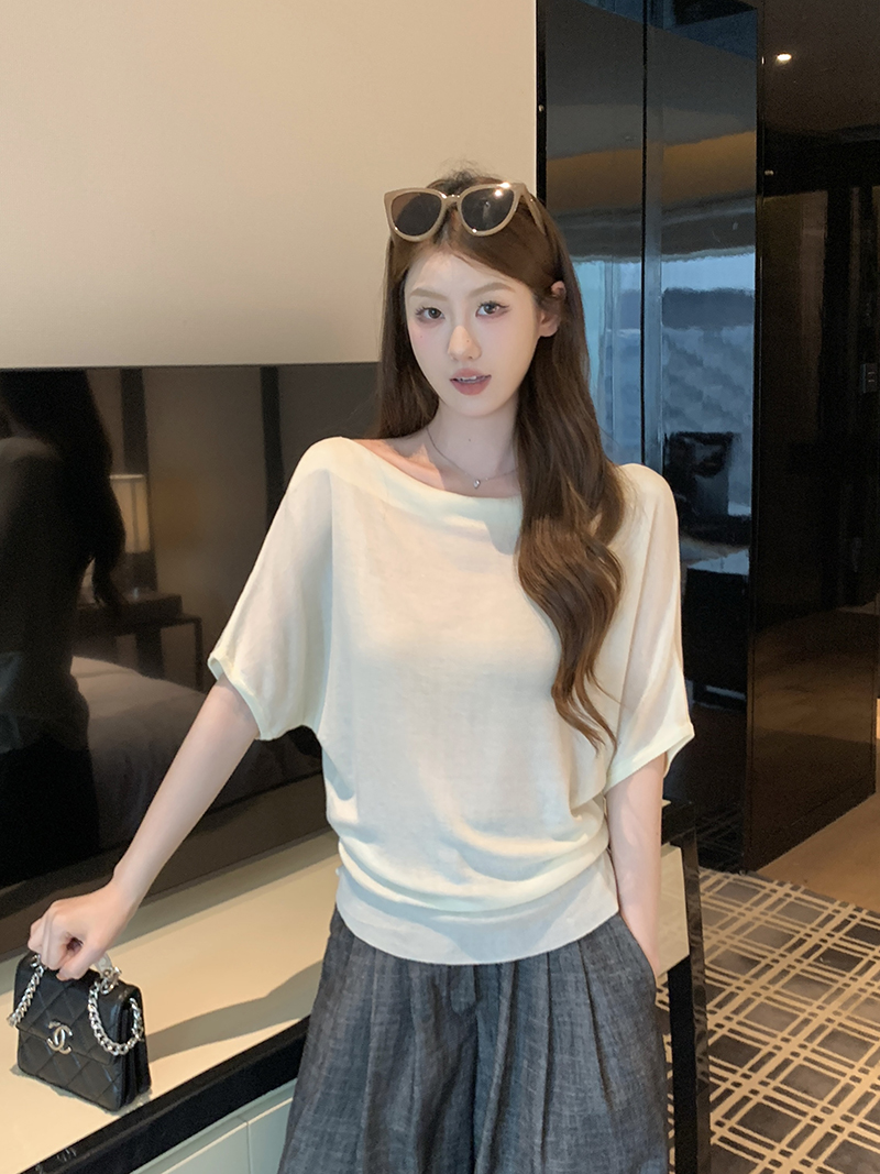 實拍~韓系簡約風蕩領針織衫女2026新款蝙蝠袖坑條寬松上衣