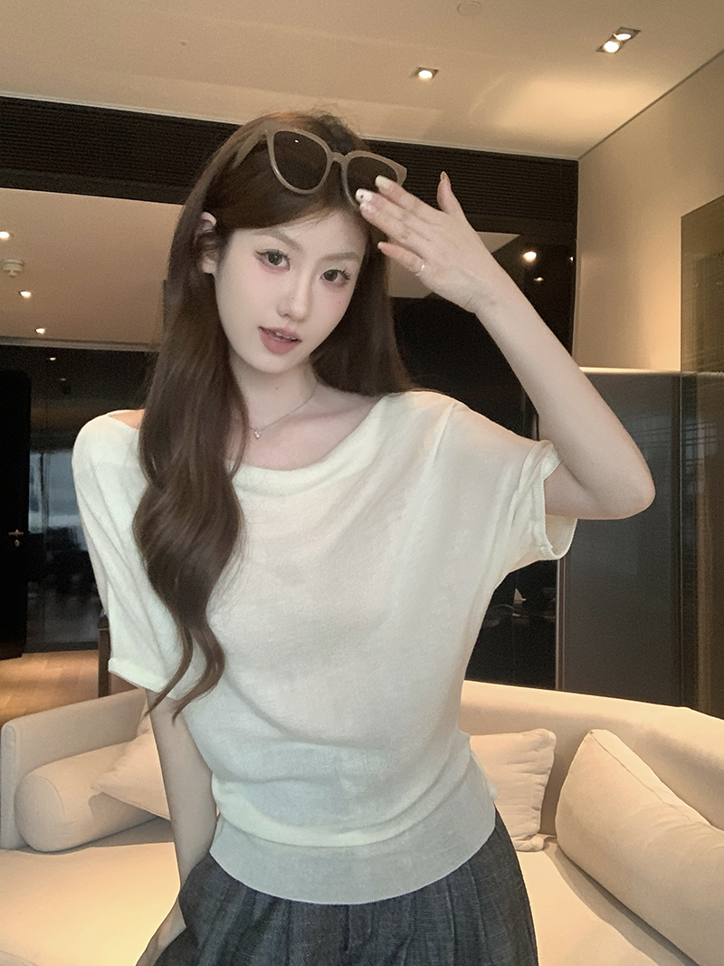 實拍~韓系簡約風蕩領針織衫女2026新款蝙蝠袖坑條寬松上衣