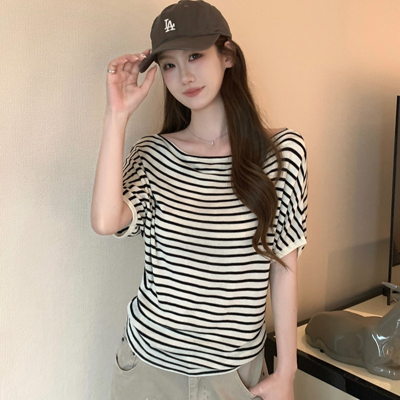 實拍~韓系簡約風蕩領針織衫女2026新款蝙蝠袖坑條寬松上衣