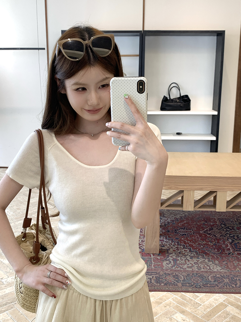 實拍~插肩袖毛織T恤女春夏新品純色大U領短袖上衣