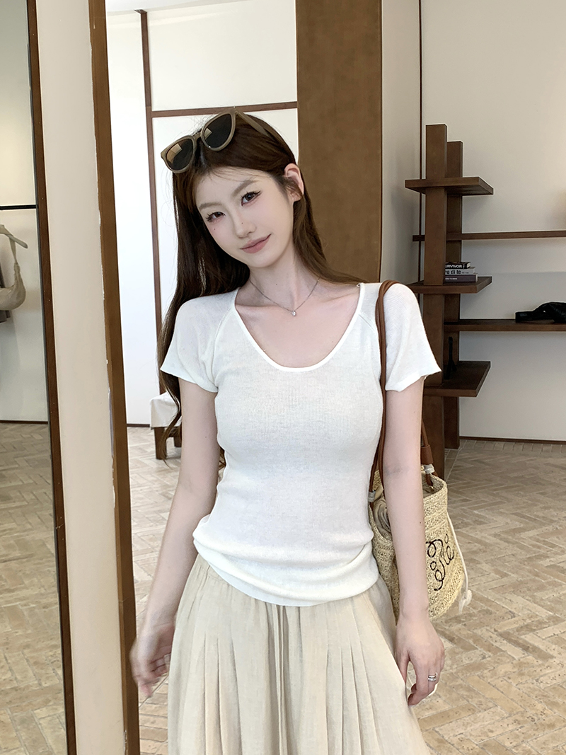 實拍~插肩袖毛織T恤女春夏新品純色大U領短袖上衣